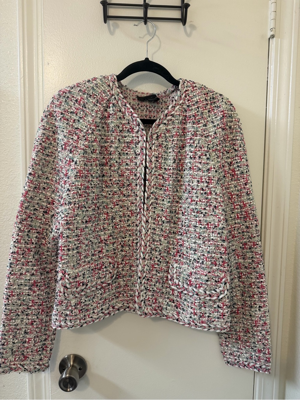 Woven Tweed Open-Front Jacket in Multi-Color